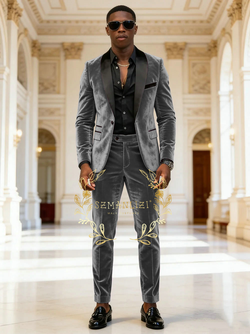 Dark Grey Velvet 2 Pieces Men  – Mens Fashion Dark Grey Pants recenzja i cena